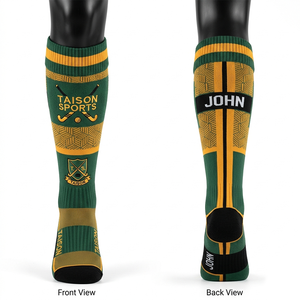 Premium 220 GSM Breathable Polyester Cotton Blend Men Field Hockey <b>Socks</b> Green Gold Panel Design Custom Jacquard Logo - Product Image 1