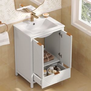 Mobile bagno moderno da 24 pollici con lavabo integrato, foro singolo per rubinetto, ante testurizzate e cassetto - Product Image 3