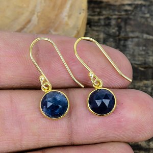 Natural Blue Sapphire Round Shape Gemstone Handmade <b>Hook</b> <b>Earring</b> 18k Gold Micron Over 925 Sterling Sliver - Product Image 1