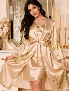 Conjunto de Bata y Camisón de Seda con Estampado Floral para Mujer, Manga Larga, Sin Tirantes, Dos Piezas, Elegante Ropa de Dormir, Largo Completo, para Primavera - Product Image 4