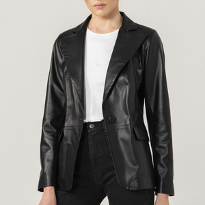 Blazer en cuir d'agneau véritable pour femme, col rabattu à un bouton, manches longues - Product Image 6