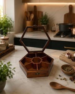 Boîte à épices artisanale en bois de rose avec couvercle en verre, cuillère en bois, 7 compartiments, conteneur de rangement pour épices, fermeture en laiton, boîte à masala de cuisine - Product Image 5