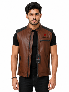 Comfortable <b>men</b> <b>leather</b> <b>vest</b> with strong construction soft lining practical pockets and classic style for biking and outdoor use - Product Image 4