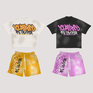 Ensemble T-shirt et short Hellstar pour homme, imprimé crâne, col rond, style punk, tenue d'été en coton, flammes rouges et violettes - Product Image 5