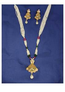 Conjunto de Collar de Perlas Blancas Chapado en Oro Tradicional con Cuentas Verdes y Rosas, Colgante de Diseño y Pendientes a Juego - Product Image 2