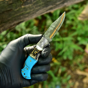Couteau de poche artisanal en acier Damas Cooper, manche en résine de cerf, lame à pointe tombante, qualité industrielle, couteau pliant de survie pour le camping - Product Image 5