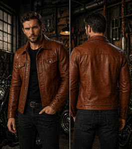 Veste en cuir véritable marron pour homme, col rabattu, fermeture à boutons, coupe ajustée, style motard, imperméable et respirante pour l'hiver - Product Image 2