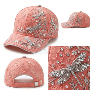 Casquette de baseball décorative pour femme en dentelle avec broderie détaillée et accents en strass, fermeture en tissu dentelle, accessoire streetwear - Product Image 3