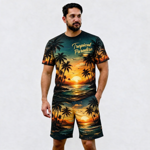Men's Tropical Paradise Printed T-Shirt And <b>Shorts</b> Set Sublimation Knitted <b>Polyester</b> Summer Casual Outfit - Product Image 1