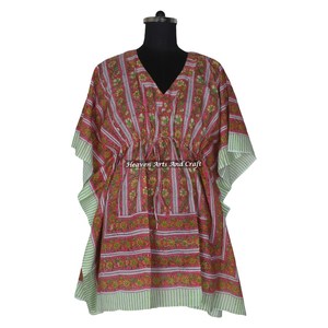 100% Cotton Women Sleepwear Hand Block Printed Kaftan Dress KFCS124 Light Weight Women Casual Occasion Wear Short Caftan Dresses - Product Image 5