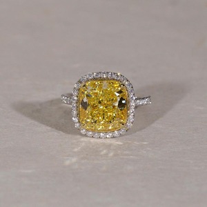 Fancy Yellow <b>Cushion</b> 6.5ct IGI Certified Lab Grown Diamond Engagement <b>Ring</b> 14K Yellow Gold Halo 0.5ct Side Diamonds VS+ Clarity - Product Image 1