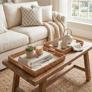 Premium Hand-Woven Bohemian Rattan Serving Tray Mother Pearl Inlay Rectangular Decorative Tray <b>Handle</b> Multi-Functional Home - Product Image 2