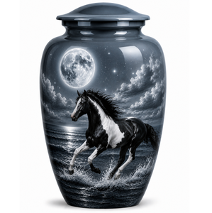 Beautiful Moon Nature Grey White Horse Memorial Metal Brass/Aluminum Cremation Urn for Adults Human Funeral Ashes - Product Image 1