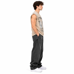 Men's Beige Graphic Print <b>Sleeveless</b> <b>T</b>-<b>Shirt</b> Custom Streetwear Muscle Tank Top with Studded Shoulder Details - Product Image 4
