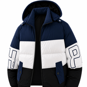 Mens Winter Color Block <b>Zip</b>-<b>Up</b> Puffer <b>Jacket</b> Canvas Plain Dyed Stand Outdoor Windproof Breathable Eco-Friendly Anti-Bacterial - Product Image 1