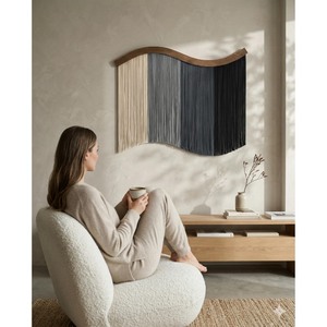 Tapiz de Pared de Macramé de Bambú Minimalista, Forma Irregular, Rayas Verticales, Tema Natural, Decoración del Hogar, Sala de Estar, Pieza Única - Product Image 3
