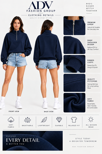 <b>Women's</b> <b>Navy</b> Blue Quarter-Zip Pullover Sweatshirt – High Neck Casual Oversized <b>Fleece</b> Top Stand Collar <b>Fleece</b> Pullover Top - Product Image 4