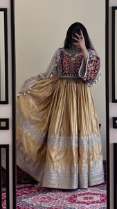 Vestido Maxi Étnico Informal para Mujer, Estilo Afgano Kuchi, Bordado, Bohemio, de Manga Larga, Vintage, para Fiesta, Dorado - Product Image 1