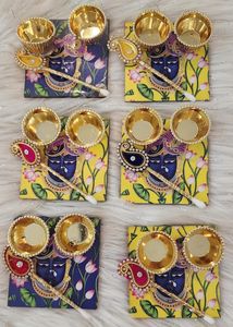 Handcrafted Shrinathji Pichwai Art Tilak Platter Set with Golden Roli Chawal Katori and Embellished Paisley Stick For Diwali - Product Image 3