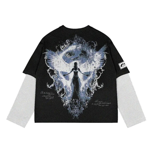 เสื้อยืดแขนยาวทรงโอเวอร์ไซส์ ลายพิมพ์ดิจิทัลรูปหัวกะโหลก สไตล์สตรีทแวร์ สำหรับผู้ชาย สีดำ ม่วง เบจ ดีไซน์คอกลม - Product Image 6
