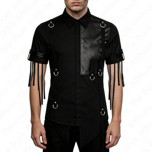 <b>Men's</b> Black Gothic Punk Shirt Short Sleeve Button Down D-Ring Fringed Sleeves Faux Leather Panel Factory Supplies - Product Image 1