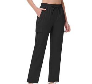 Women Black Cargo Pants Mid Waist Drawstring <b>Ankle</b>-Length Quick Dry Knitted Polyester Casual Spring Solid Color Regular Fit - Product Image 2