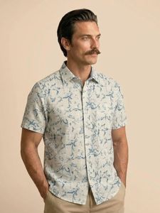 Men's Short Sleeve Casual Shirt <b>Light</b> Blue <b>Leaf</b> Print Turn-down Collar Breathable Poplin Summer Style Linen/Cotton Double - Product Image 3