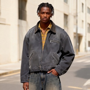 Veste zippée courte surdimensionnée vintage en toile 100 % coton délavée à l'acide pour hommes, vente en gros personnalisée - Product Image 6