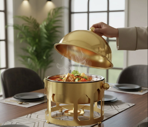 Calentador de Alimentos Moderno de Diseño Premium, Servidor de Buffet para Eventos y Bodas, Cacerola Metálica de Alta Calidad con Base y Tapa - Product Image 1