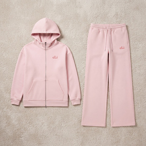 Ensemble de survêtement de luxe pour femme avec sweat à capuche à épaules tombantes et double fermeture éclair, et pantalon de jogging coupe droite décontractée, personnalisable OEM pour boutique - Product Image 3