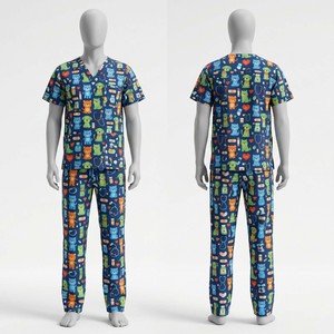 Ensemble de blouses médicales imprimées pour hommes, 180 GSM, coton poly premium, bleu, imprimé médical de dessins animés, logo personnalisé par sublimation, uniforme - Product Image 1