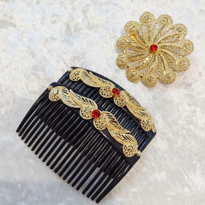 Peigne à cheveux vintage plaqué or, fait main, écologique, étanche, élégant, en alliage, avec mini pierres rouges et motif floral, pour mariée - Product Image 1