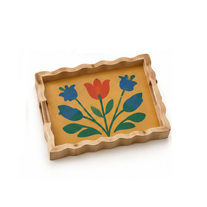 Rectangular <b>Wooden</b> Serving <b>Tray</b> With Floral Pattern And Handles For Residential Use - Product Image 2