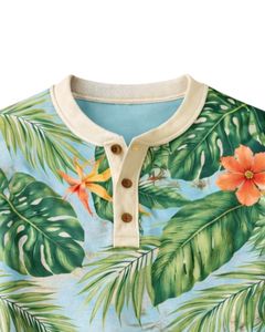 เสื้อเชิ้ตเฮนลีย์ลายดอกไม้เขตร้อนสำหรับผู้ชาย สีฟ้าและสีเขียว แขนยาว ติดกระดุม แนวลำลอง สไตล์ชายหาด แฟชั่นฤดูร้อน - Product Image 5