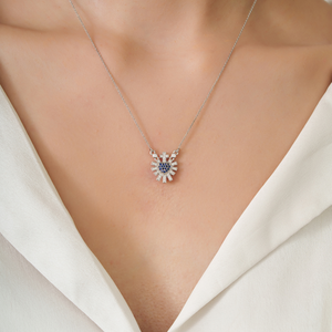 Latest New Design <b>Small</b> Blue Sapphire & Diamond Sacred Heart Sunburst Pendant <b>Necklace</b> 14K Pure White Gold Women Jewelry - Product Image 4
