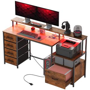 Rustic Brown 67\" PC Desk with <b>Power</b> Outlets LED Lights <b>File</b> Cabinet Fabric Drawers - Product Image 1