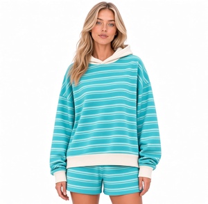 Conjunto de Sudadera con Capucha y Pantalones Cortos a Rayas de Alta Calidad, Sudadera con Hombros Caídos, Venta al Por Mayor para Damas - Product Image 3