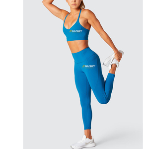 HUSKY Women's Ribbed Sports <b>Bra</b> & Leggings Set <b>Blue</b> Seamless Fitness Wear Breathable Racerback Scoop Neck Medium Support - Product Image 2