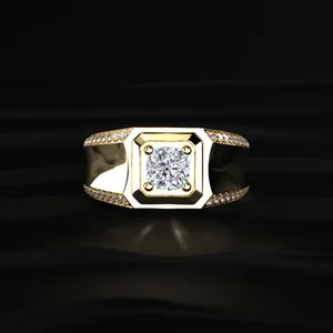 14K Lab Grown Yellow Diamond <b>Ring</b> Cushion Cut Diamond <b>Men</b> <b>Ring</b> With Accent Stone Gold Plated Diamond <b>Ring</b> Groom Diamond <b>Ring</b> - Product Image 1