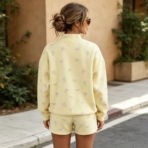 Two Piece Shorts Set <b>Women</b> Oversized Hooded Sweatshirt Top Shorts Casual Fleece Heavyweight Streetwear Yellow <b>Sweatsuit</b> OEM - Product Image 3
