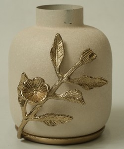 Jarrón de Flores Nórdico de Aluminio Beige con Rama de Pájaro de Metal Dorado, Maceta Texturizada de Lujo para Decoración Moderna de Centro de Mesa - Product Image 4