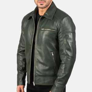 เสื้อแจ็คเก็ตหนังแกะแท้สีเขียวสำหรับผู้ชาย แบบเย็บลายสไตล์ไบค์เกอร์ คอปกเสื้อเชิ้ต คอปกโปโล ทรงเข้ารูป สไตล์สั่งตัด - Product Image 5
