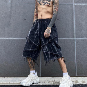 Pantalones Cortos de Algodón Rasgados de Cintura Alta para Hombre, Estilo Casual Urbano, Cintura Elástica, Aspecto Denim Tejido, Diseño Transpirable - Product Image 2