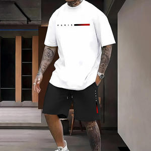Ensemble T-shirt et short décontracté d'été pour homme, blanc, en coton, imprimé sérigraphié, col rond, tenue deux pièces respirante en maille, vêtements de sport - Product Image 1