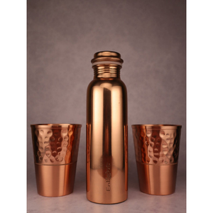 fancy Copper Water Bottle with Two Glass Hammered Design For Hydration Yoga & Ayurveda Inspired Drinkware Bottle With Packaging - Product Image 3