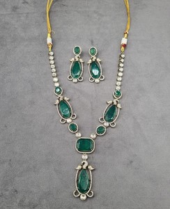 Elegant Brass Cubic Zirconia Pendant <b>Necklace</b> Set Faux Emerald Hydro Gemstone Indian Ethnic Costume Wedding Jewelry Manufacturer - Product Image 1