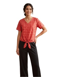 Blusa de manga corta con cuello en V y estampado geométrico rojo para mujer, blusa informal holgada con lazo en la parte delantera, blusas para primavera y verano - Product Image 3