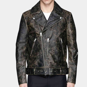 Blouson de motard en cuir véritable pour homme, noir délavé et vieilli, avec fermeture éclair et ceinture à la taille - Product Image 1
