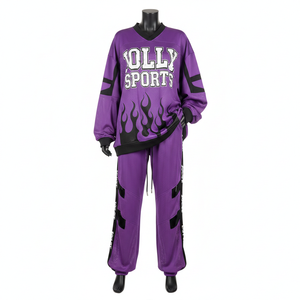 ชุดกางเกงเจอร์ซีย์ตาข่ายโพลีเอสเตอร์ระบายอากาศสำหรับผู้หญิง สีม่วงลายเปลวไฟ พร้อมแผงโลโก้แบบกำหนดเอง ชุดเซ็ตสำหรับผู้หญิง - Product Image 1