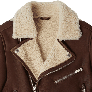 <b>Men's</b> Brown <b>Shearling</b> Leather Long Winter <b>Jacket</b> with Fur Collar Warm Lining and Classic Button Customized Design - Product Image 6